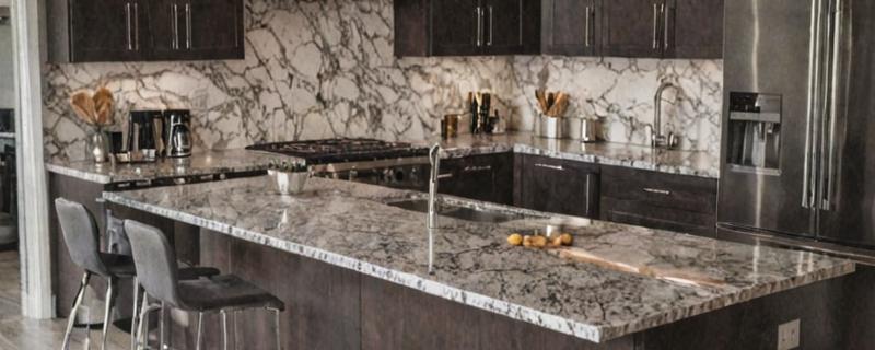 Contemporary kitchen with dark cabinets and marble countertops