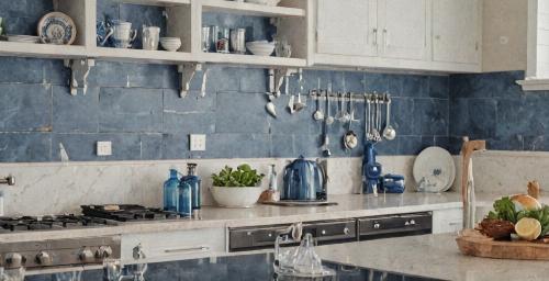 Coastal inspired kitchen with blue accents